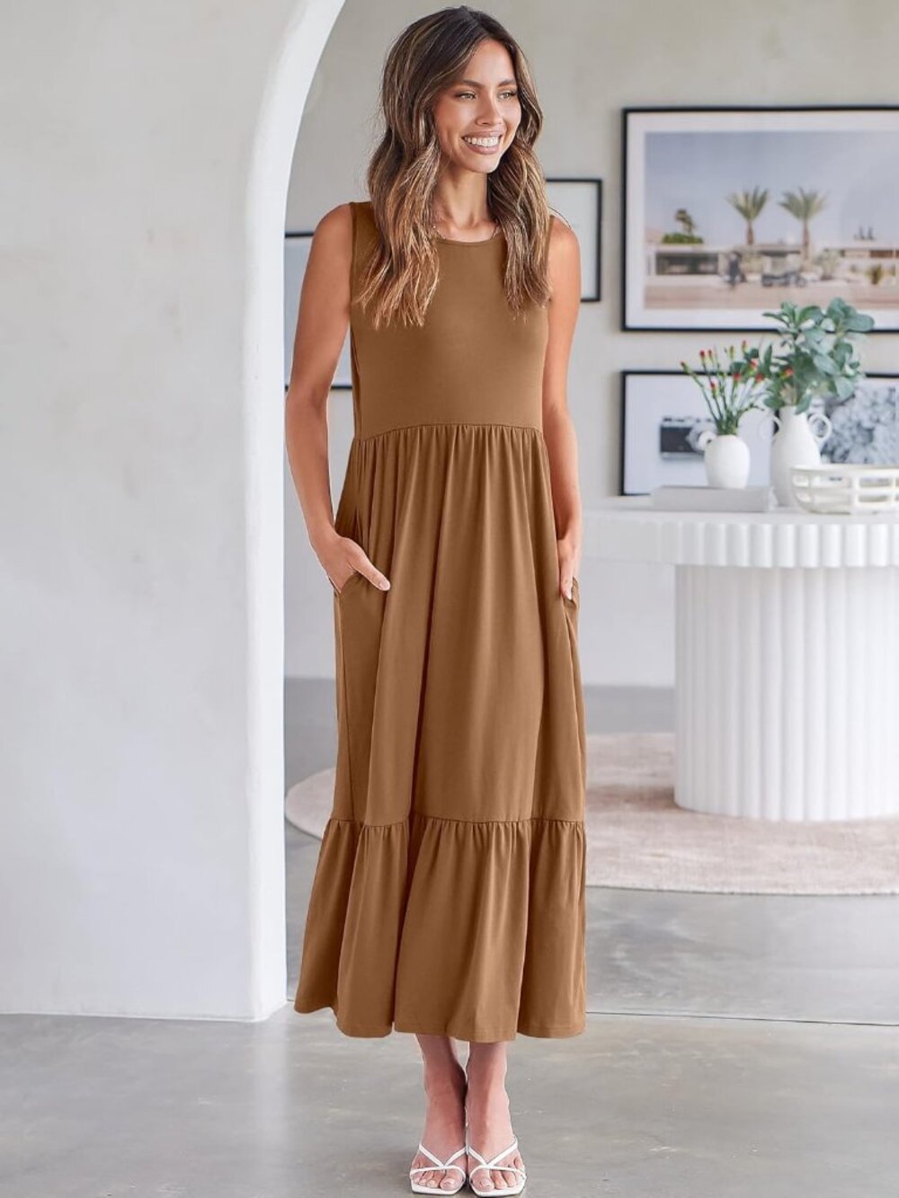 Women's Khaki Crewneck Summer Sleeveless Sundress Aline Flowy Tiered Long Maxi - Picture 3 of 6